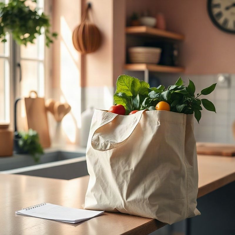 Bolsa de supermercado con verduras frescas y lista de compras escrita a mano