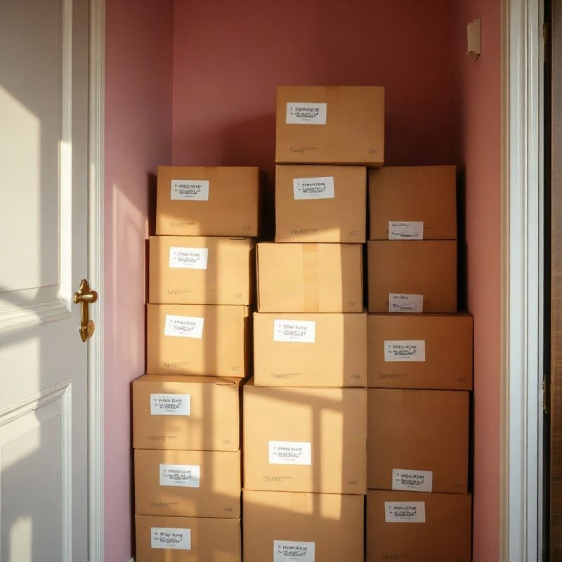 Rincón de almacenamiento en apartamento pequeño con cajas de cartón etiquetadas