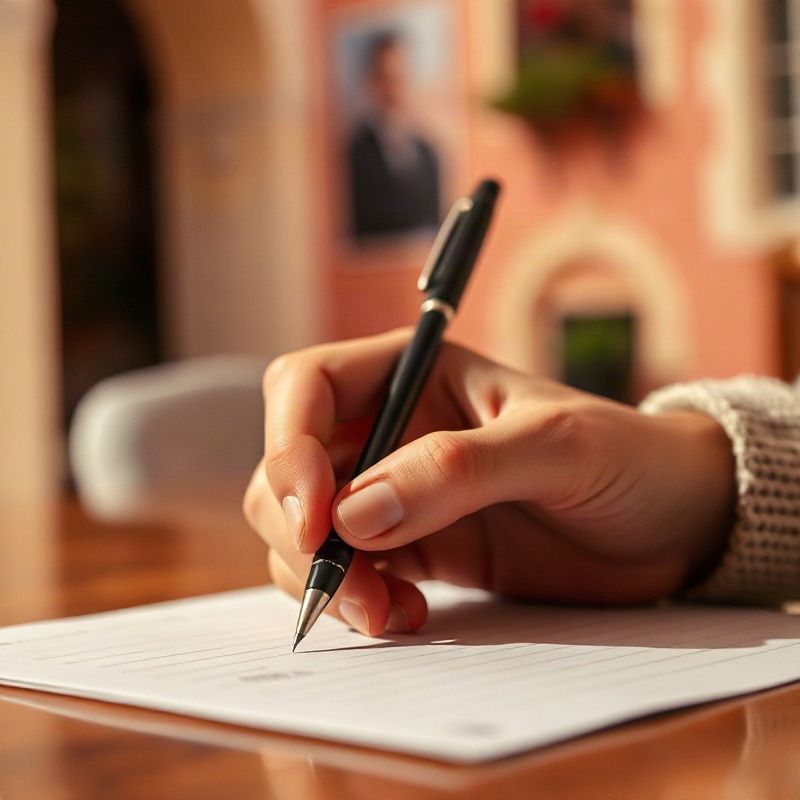 Mano escribiendo una nota sobre papel con fondo cálido en tonos rosados