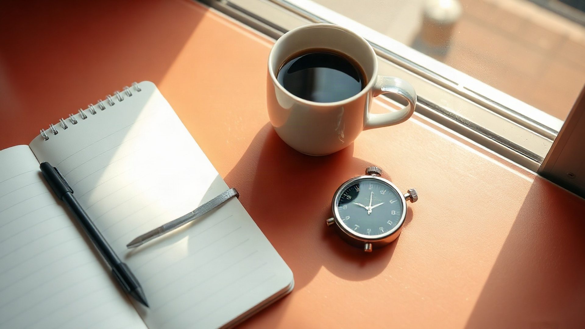 Cuaderno, temporizador y taza de café sobre una superficie color terracota rosada