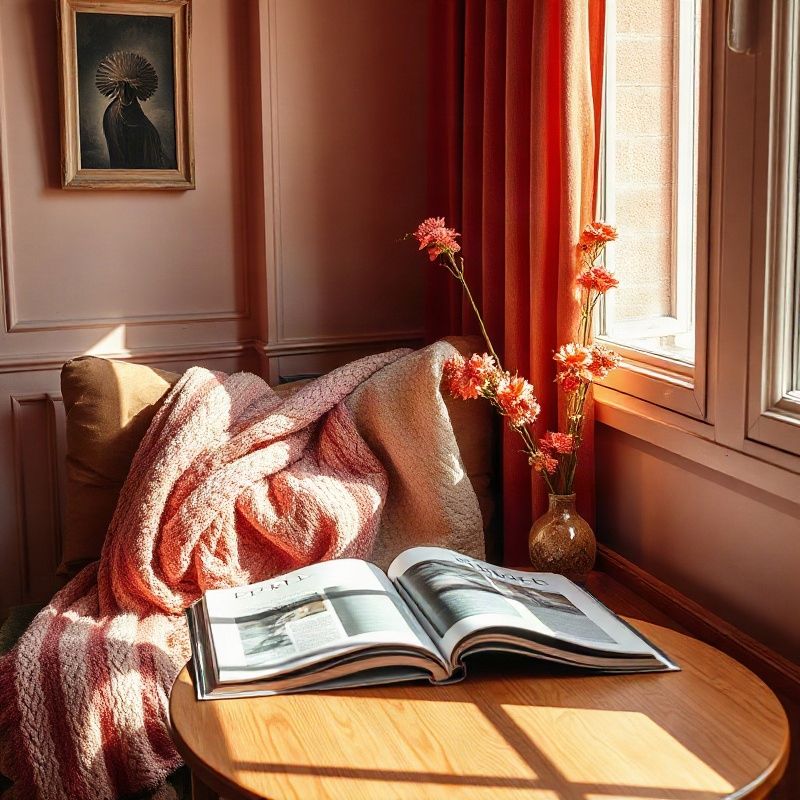 Rincón de lectura con tonos rosados y terracota, revista abierta sobre mesa de madera